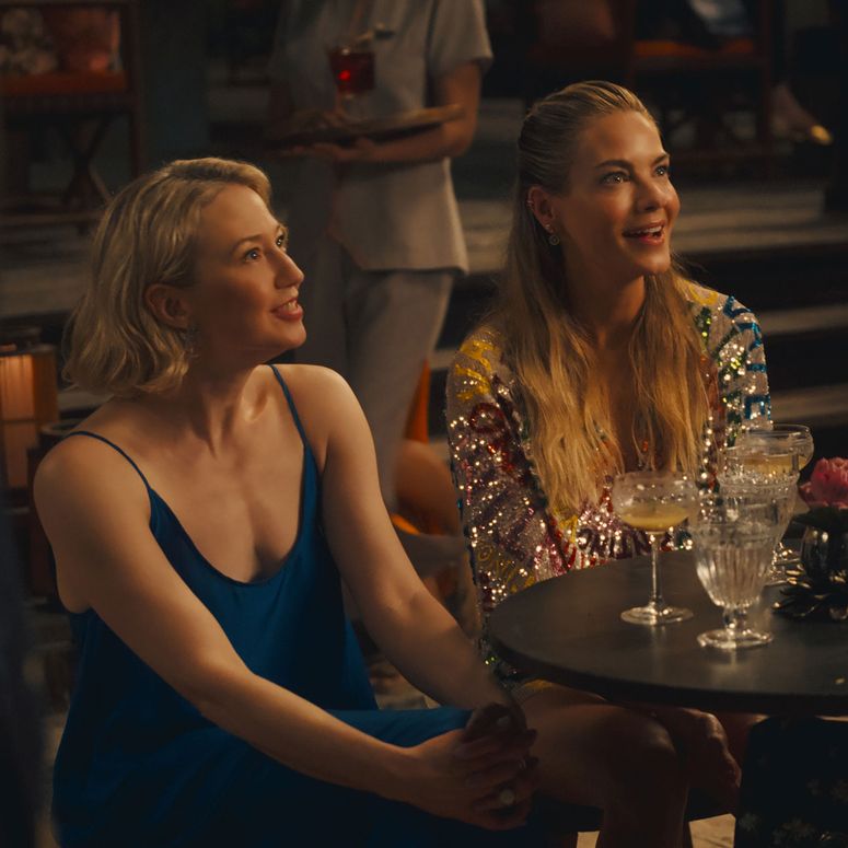 Image may contain: Carrie Coon, Michelle Monaghan, Leslie Bibb, Adult, Person, Head, Face, Happy, Laughing, and Furniture