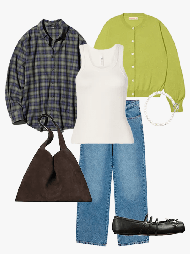 Checked shirt + colour-pop cardigan + baggy denim