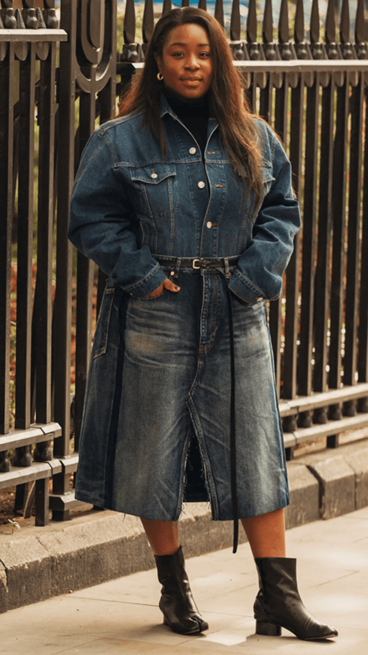 Image may contain Janice Monakana Clothing Coat Pants Jacket Jeans Adult Person Skirt Overcoat Footwear and Shoe