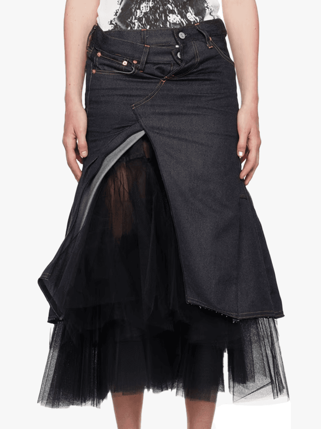 Image may contain Clothing Skirt Miniskirt Coat and Pants