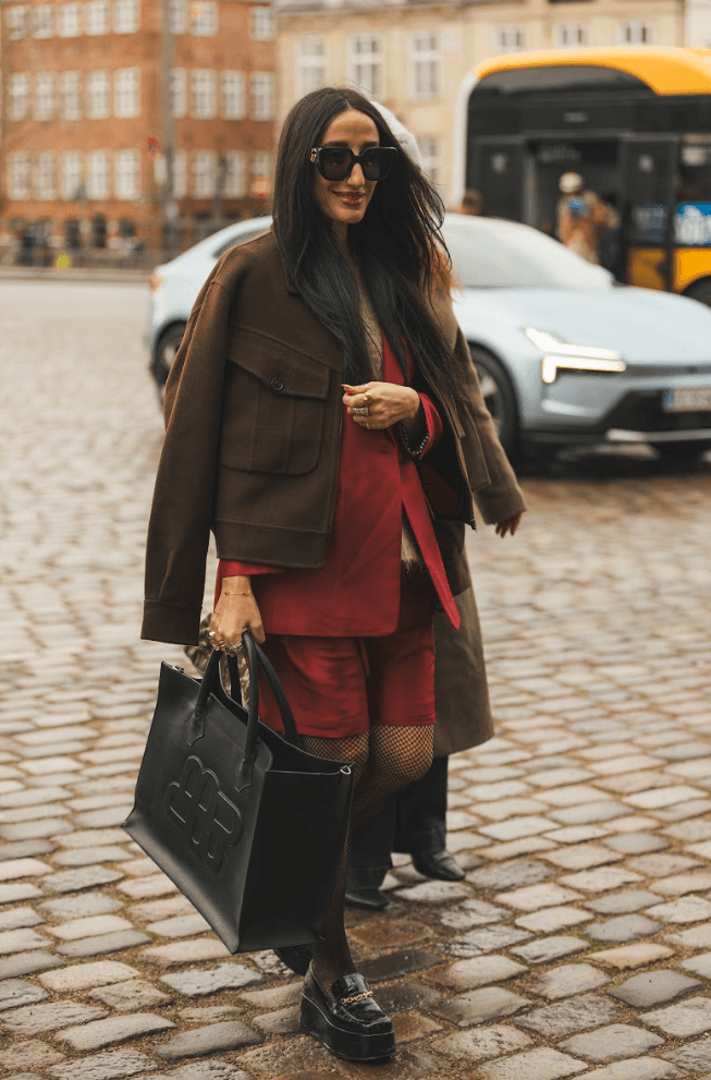 Image may contain Accessories Bag Handbag Clothing Coat Adult Person Purse Footwear Shoe Pedestrian and Jacket